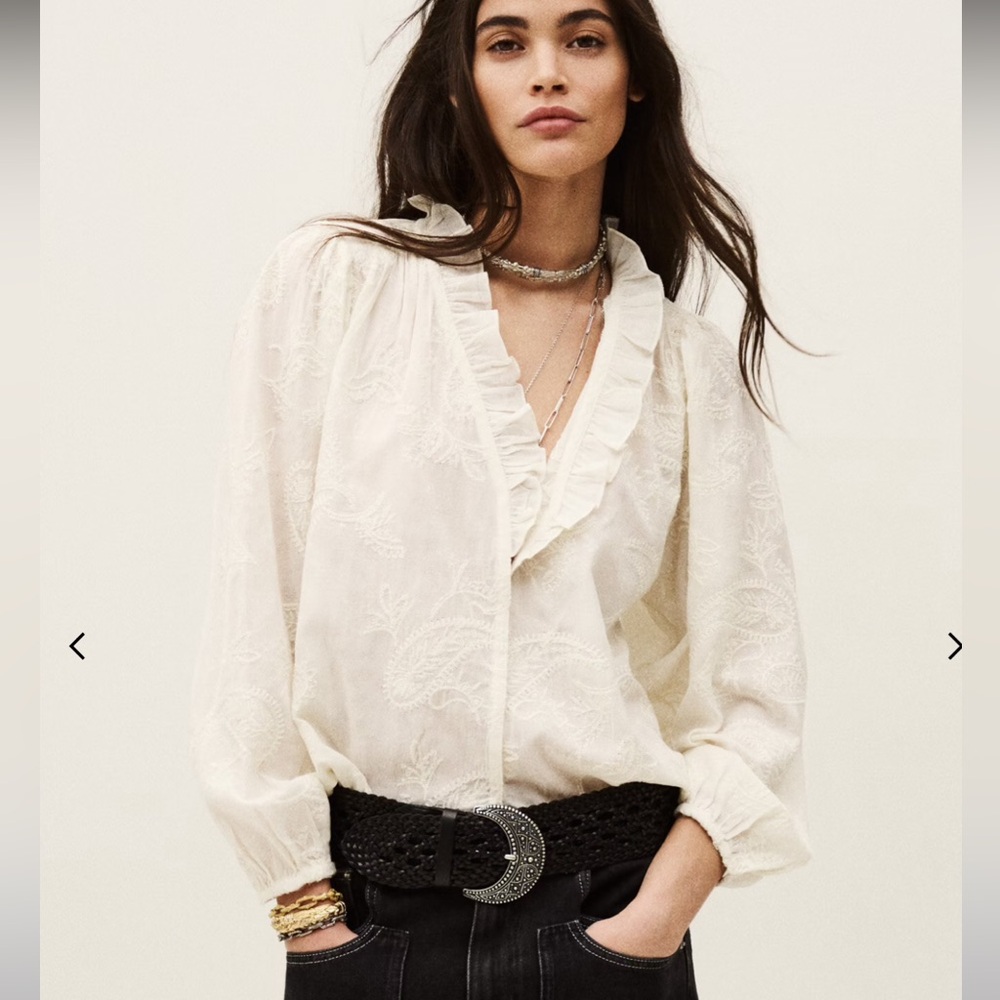 Ba&sh Petty Embroidered Bohemian Peasant Blouse Ecru
